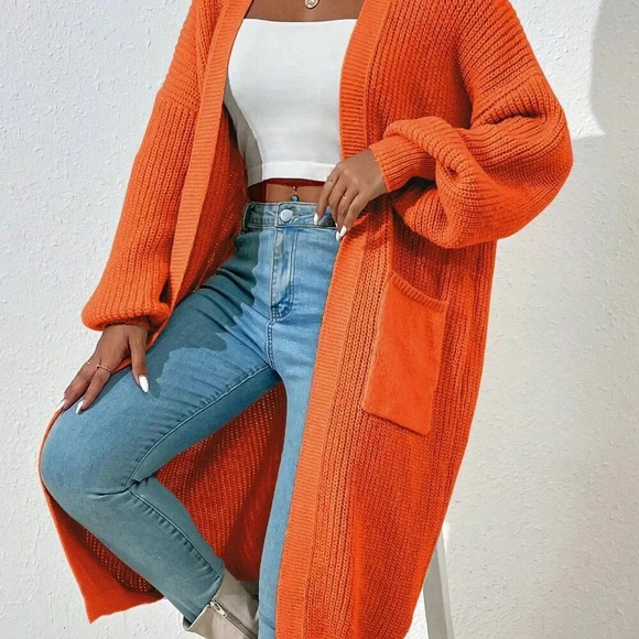 Orange Casual Women's Dual Pocket Drop Shoulder Duster Cardigan - Picture 7 of 8